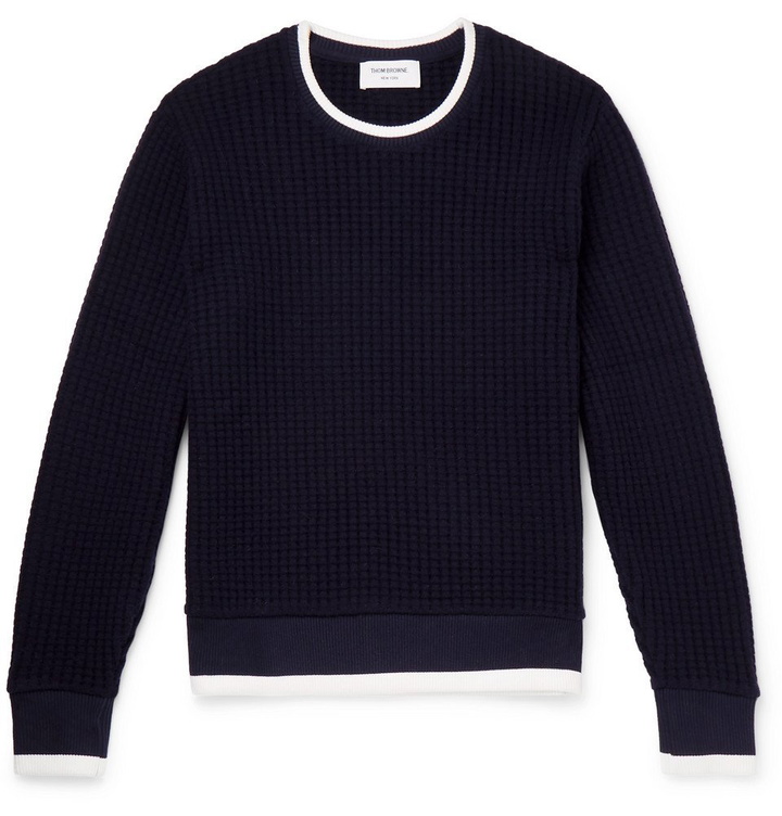 Photo: Thom Browne - Contrast-Tipped Waffle-Knit Wool Sweater - Navy