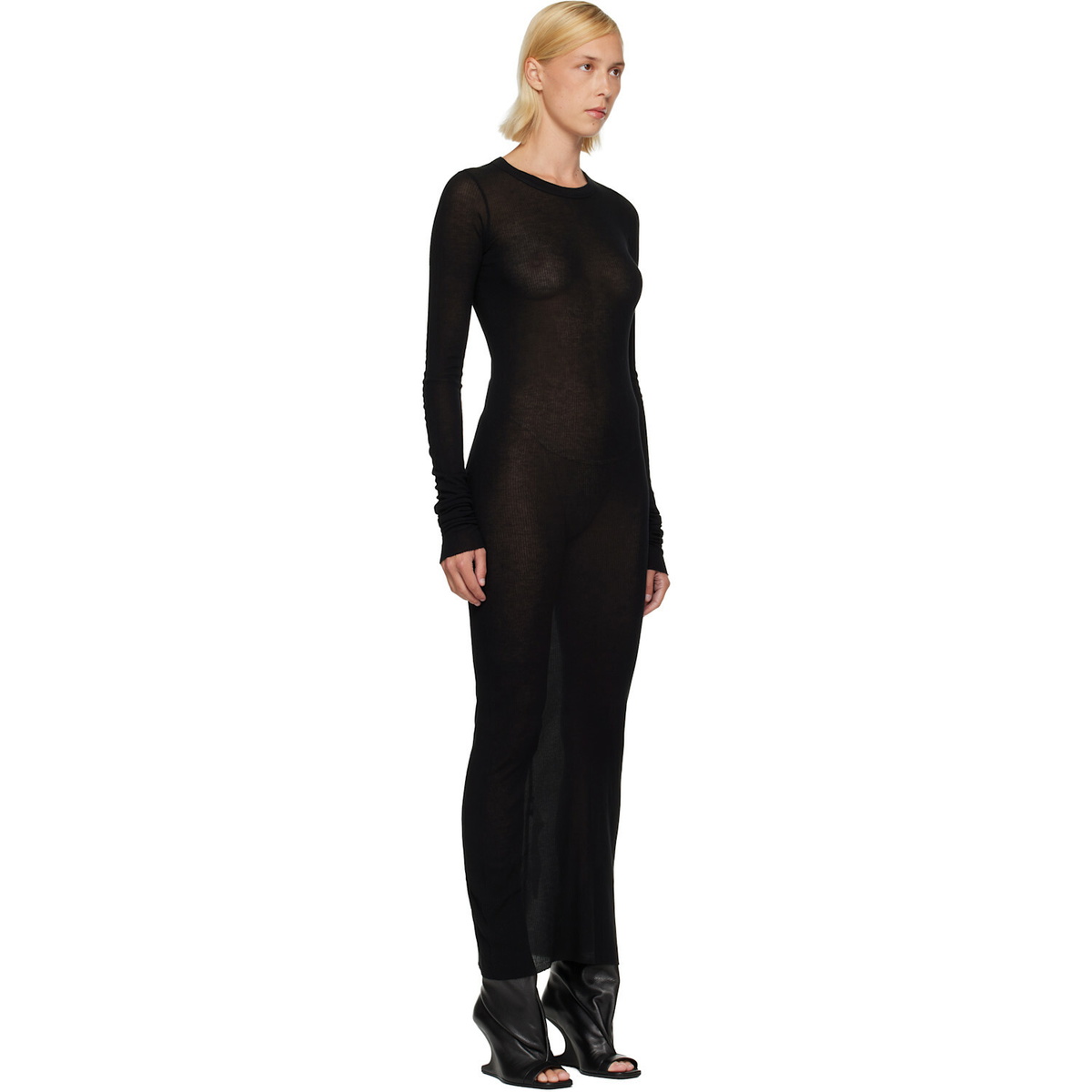 Rick Owens Black Tower Rib LS Midi Dress