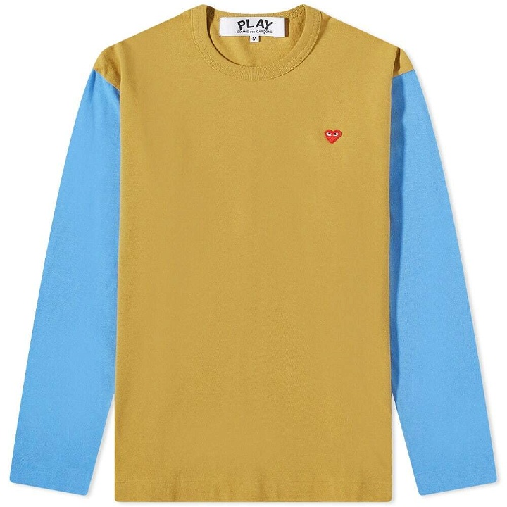 Photo: Comme des Garçons Play Men's Long Sleeve Small Red Heart Bi-Colour in Olive/Blue