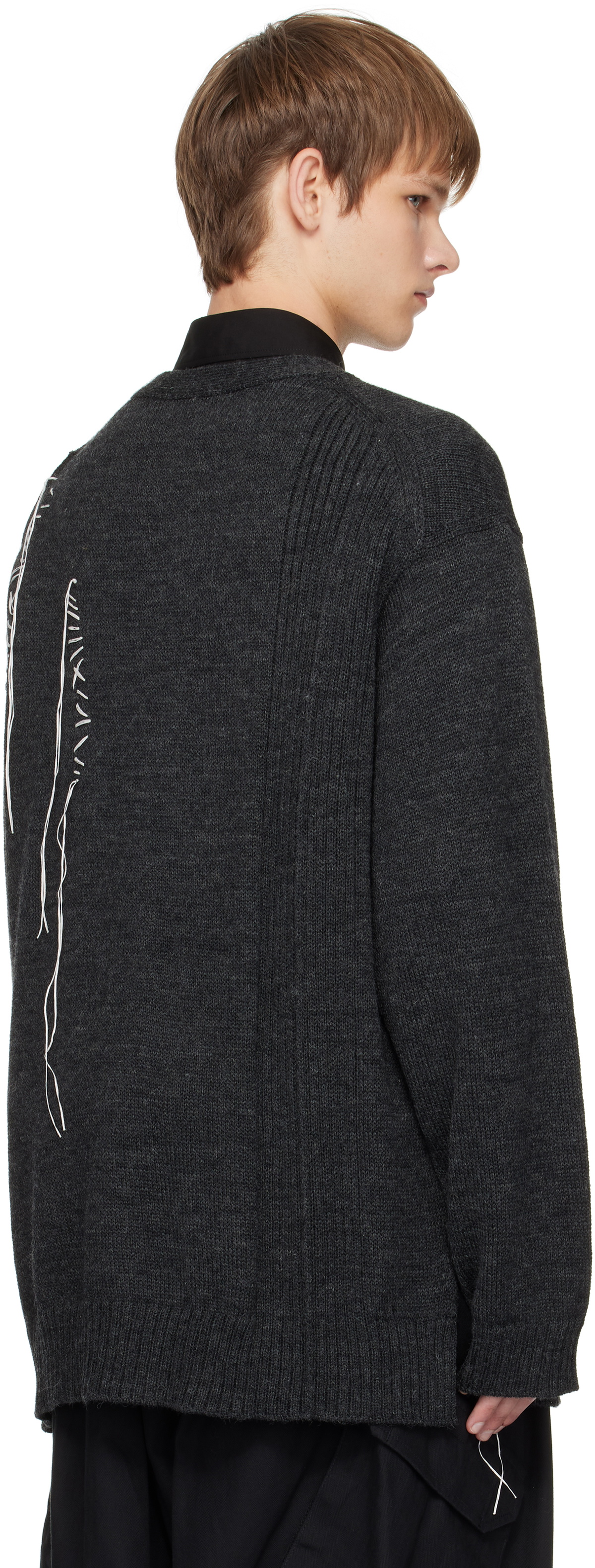 YOHJI YAMAMOTO Gray Plain Stitch Embroidery V Neck Cardigan