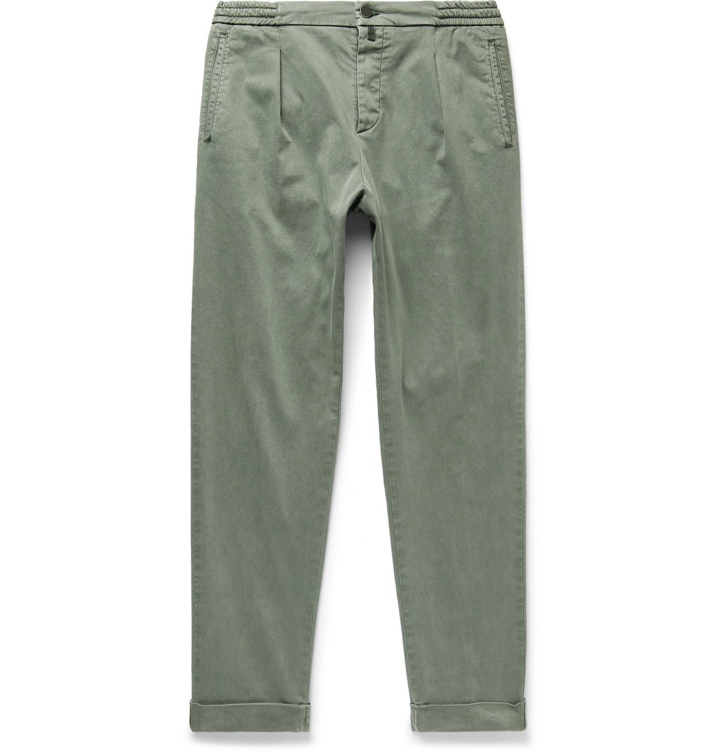 Photo: Kiton - Tapered Pleated Stretch Cotton and Linen-Blend Trousers - Green