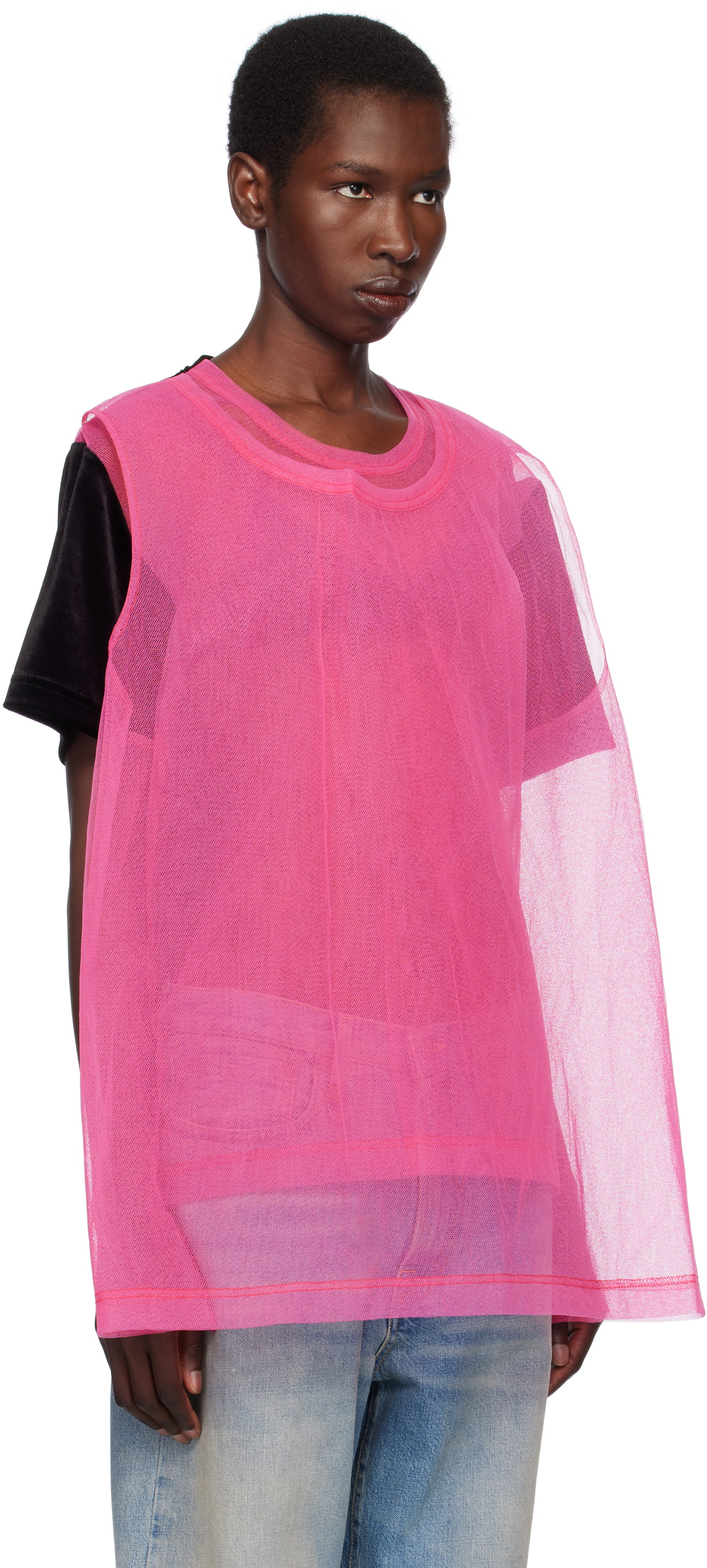 Comme des Garçons Homme Plus Black & Pink Bright Jersey & Nylon Tulle T-shirt