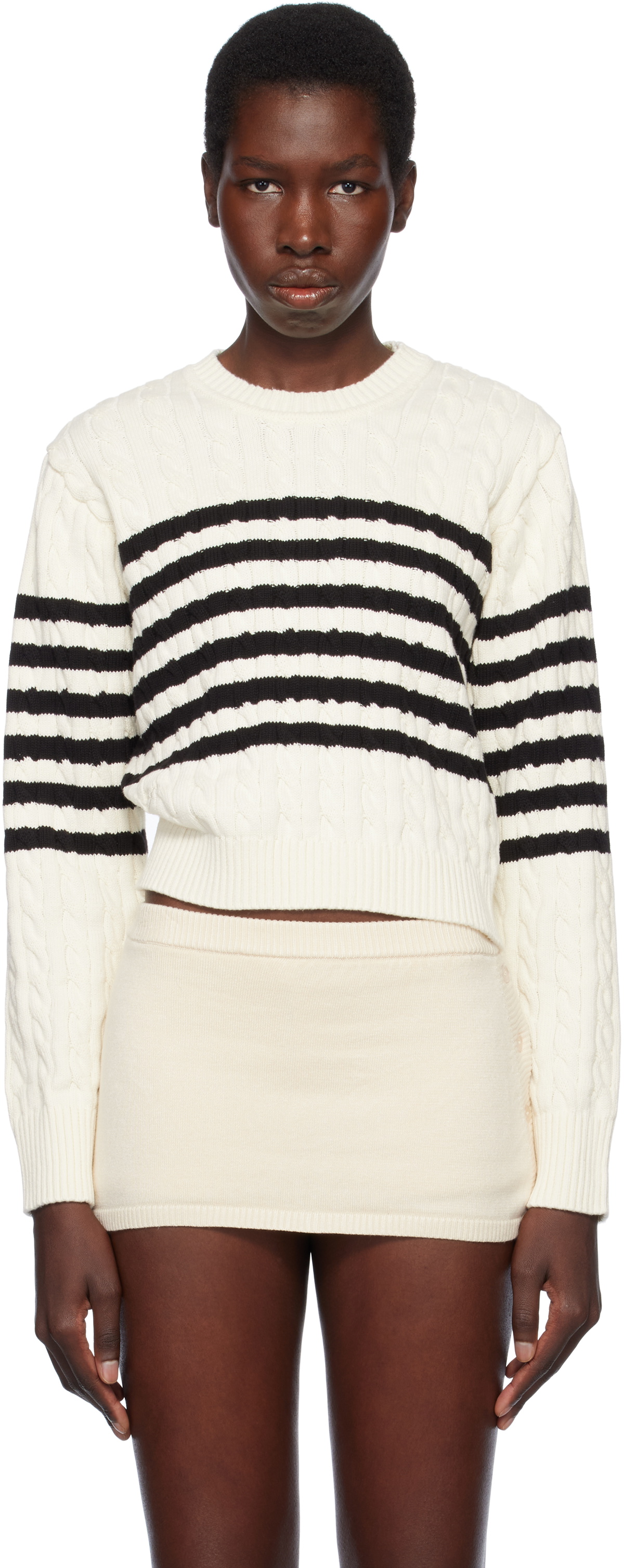 Frankies Bikinis Off-White Varsity Striped Cable Knit Sweater