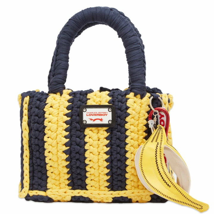 Photo: Charles Jeffrey Loverboy Women's Knitted Bucket Bag in Navy/Yellow 