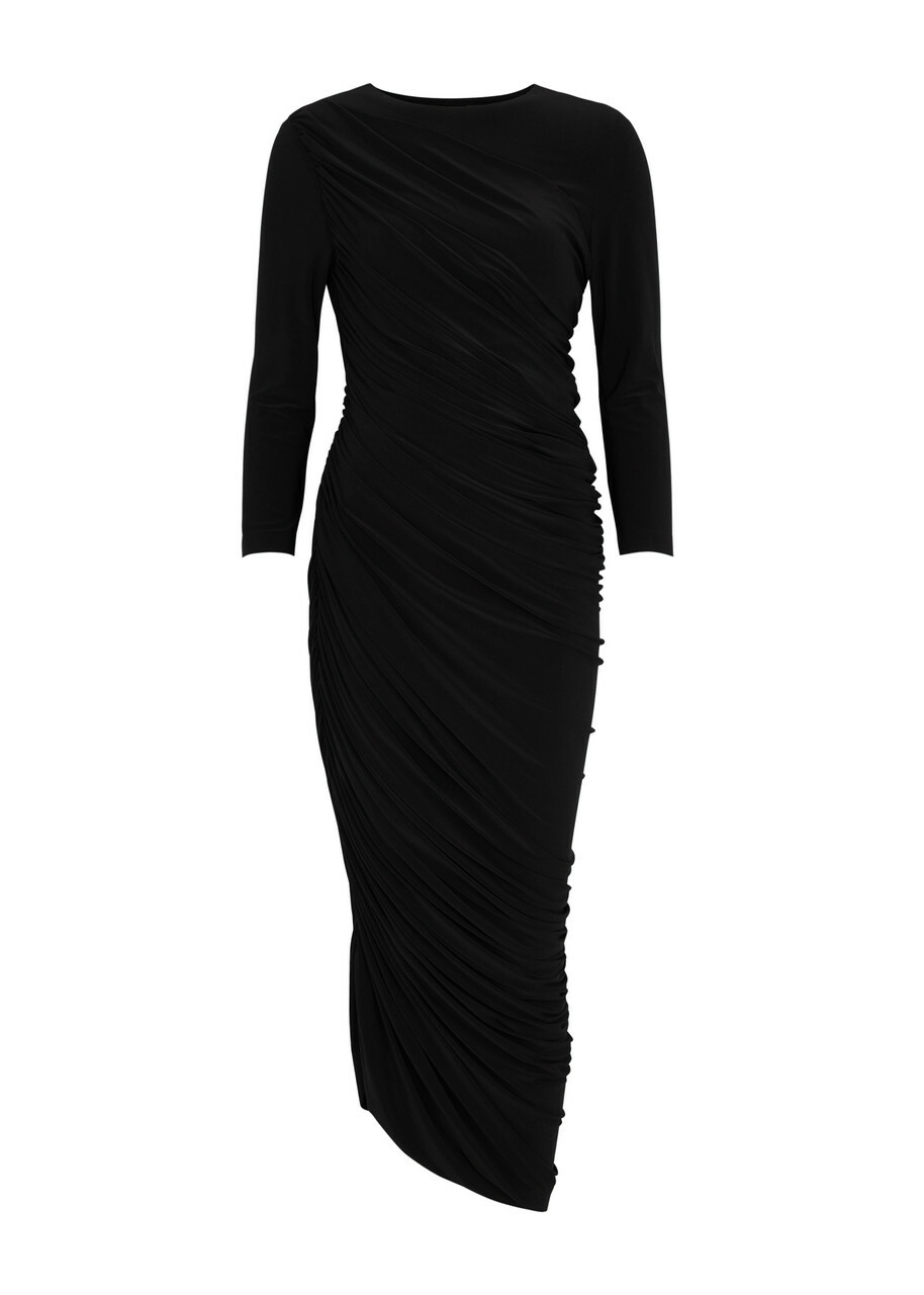 Norma Kamali Diana Asymmetric Ruched Jersey Midi Dress Black