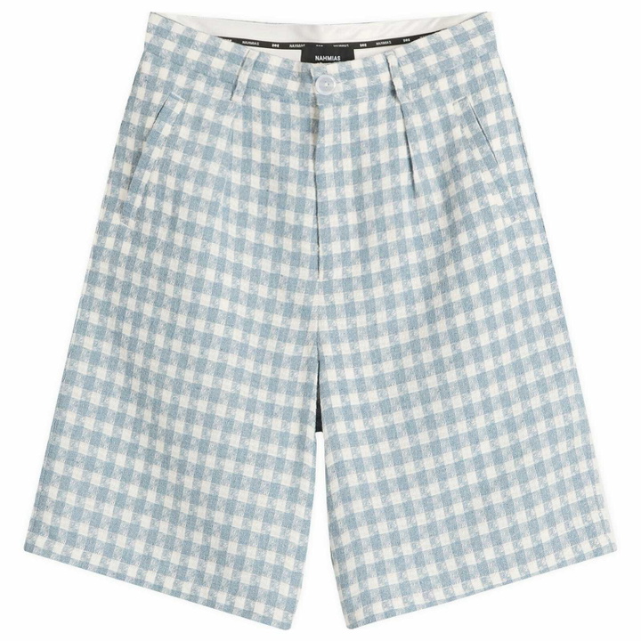 Photo: Nahmias Men's Plaid Pleated Shorts in Steel Blue Plaid