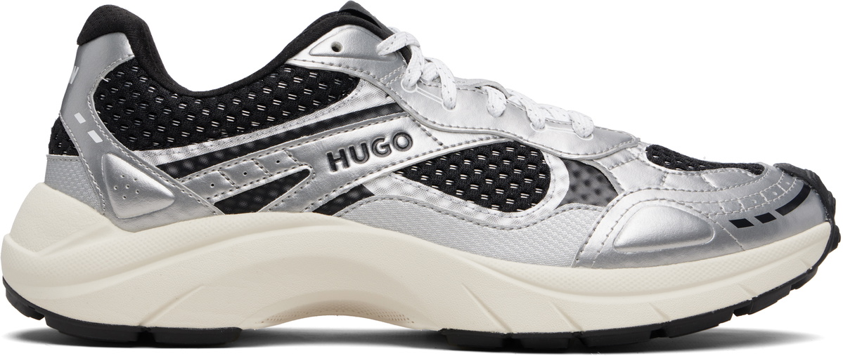 Hugo Silver & Black Mesh Faux-Leather Sneakers
