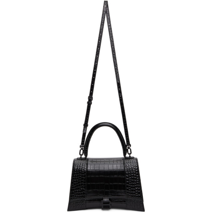 Balenciaga Hourglass Medium Crocodile Embossed Leather Bag in Black