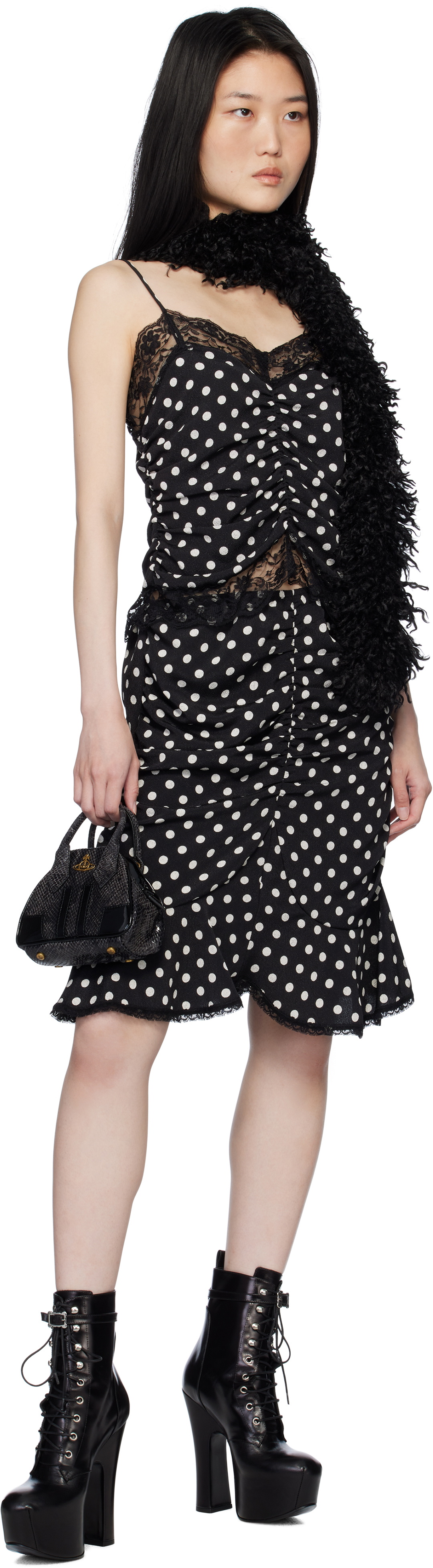 Anna Sui Black Faux Curly Lamb Fur Long Scarf