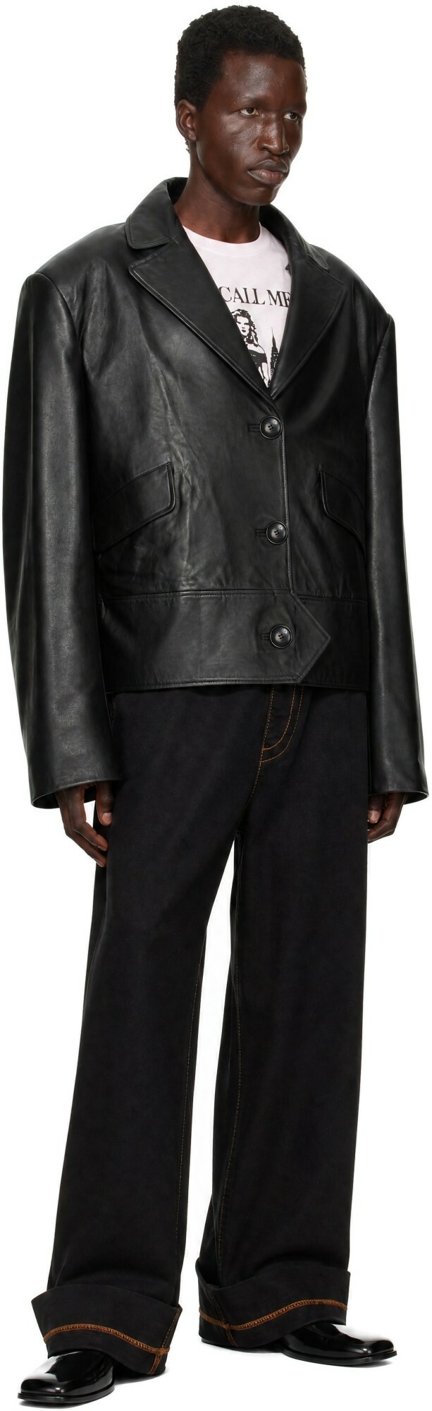 VAQUERA Black Leather Overcoat Jacket