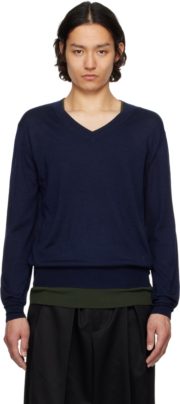 Photo: AMI Paris Navy Wool V Neck Sweater