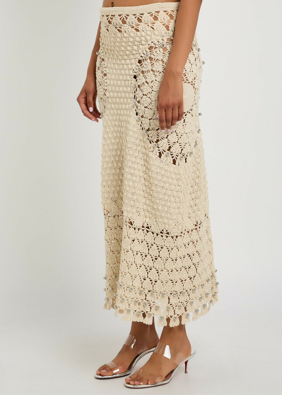 Rabanne Bead-embellished Crochet Cotton Midi Skirt Ecru