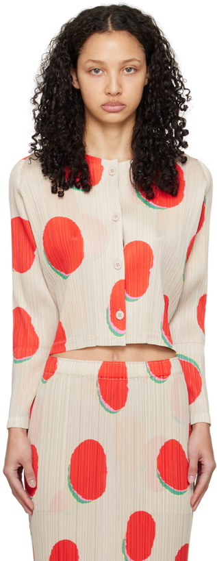 Photo: PLEATS PLEASE ISSEY MIYAKE Off-White & Red Bean Dots Cardigan