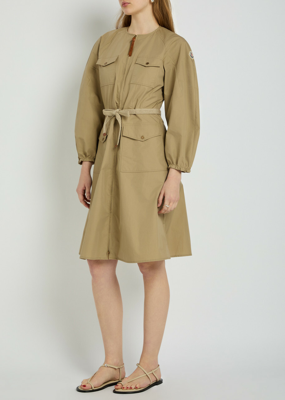 Moncler Logo-appliquéd Belted Cotton-blend Midi Dress Beige