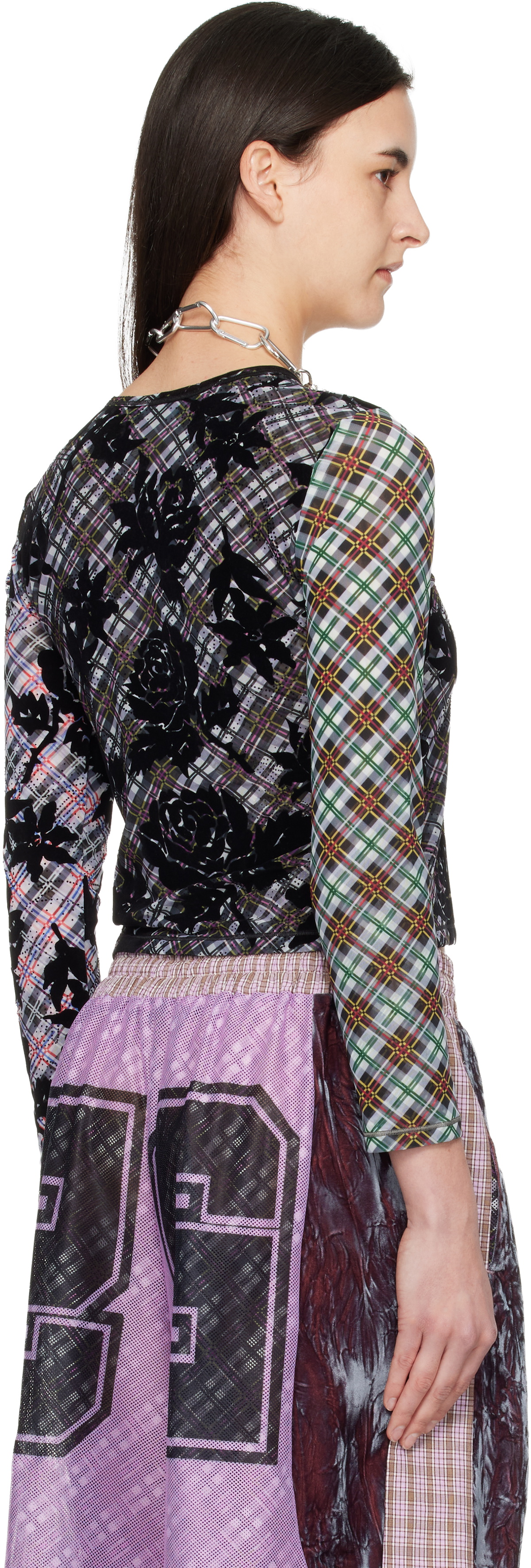 Chopova Lowena Multicolor Picnic Plaid Flocked Mesh Top