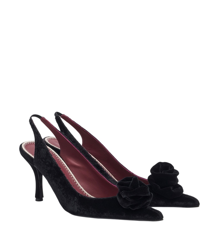 Photo: Magda Butrym Floral-appliqué velvet slingback pumps