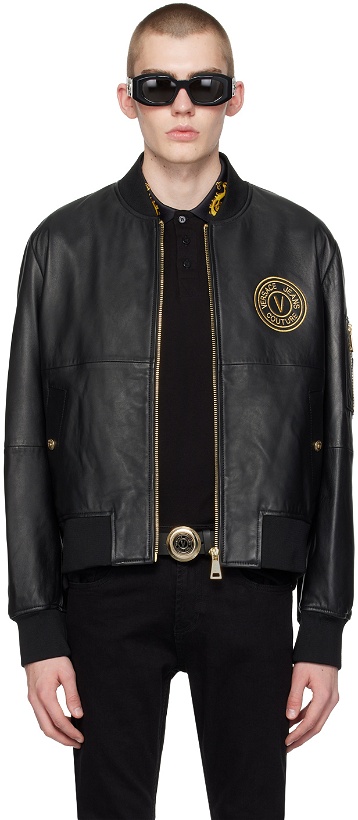 Photo: Versace Jeans Couture Black V-Emblem Leather Bomber Jacket