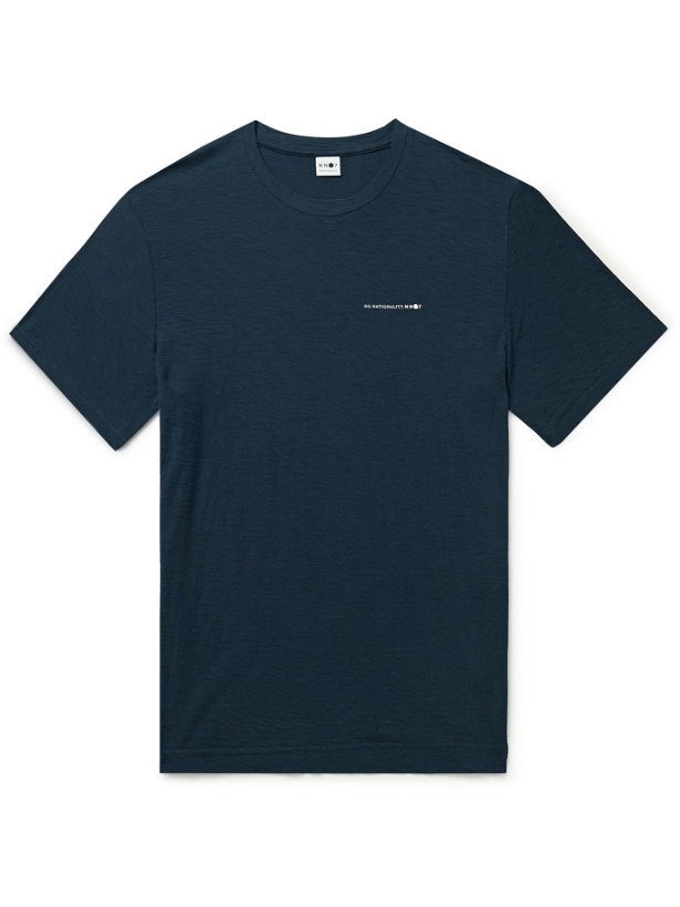 Photo: NN07 - Aspen Logo-Print Slub Cotton-Jersey T-Shirt - Blue