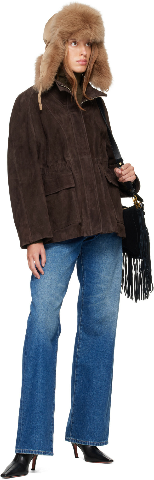 Nour Hammour Brown Quai Funnel Leather Jacket