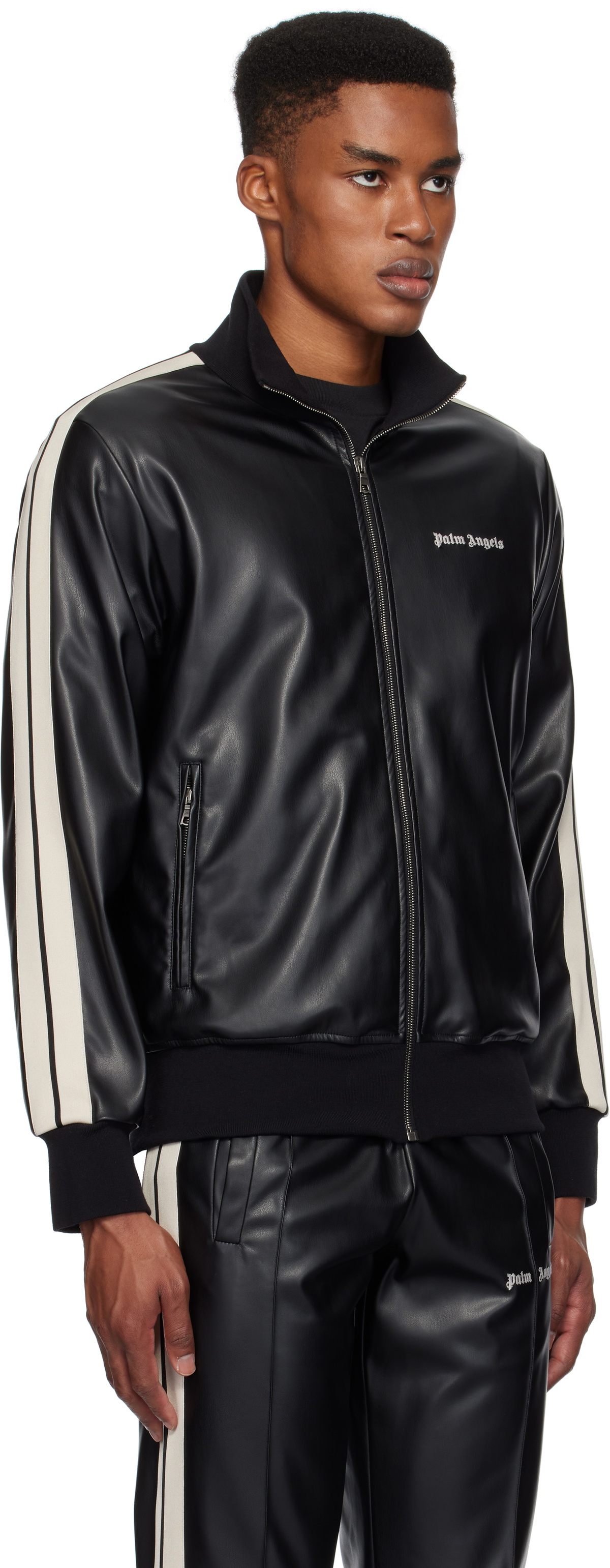 palm angels レザー　トラックジャケット Palm Angels Black Leather Effect Faux-Leather Track Jacket Palm Angels