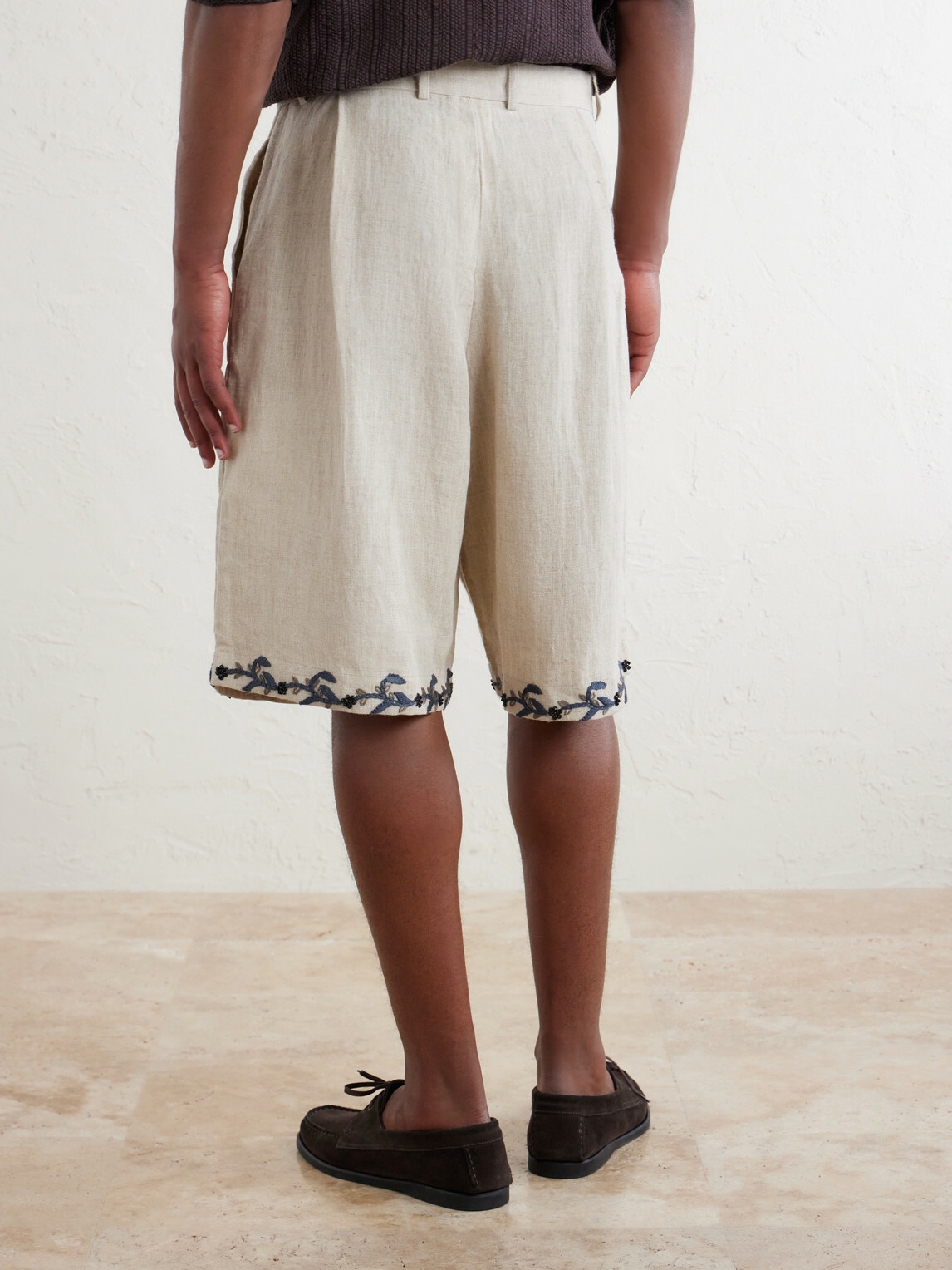 Kartik Research - Straight-Leg Pleated Embroidered Linen Shorts - Neutrals