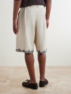 Kartik Research - Straight-Leg Pleated Embroidered Linen Shorts - Neutrals