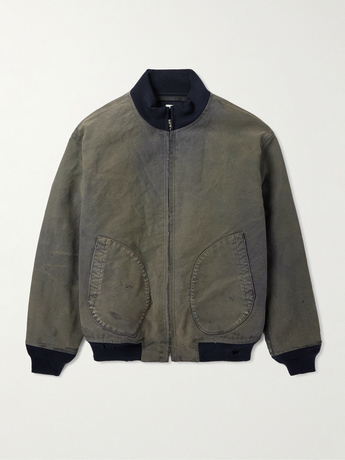 A.PRESSE - Vintage Distressed Ribbed Wool-Trimmed Denim Bomber Jacket - Green