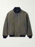 A.PRESSE - Vintage Distressed Ribbed Wool-Trimmed Denim Bomber Jacket - Green