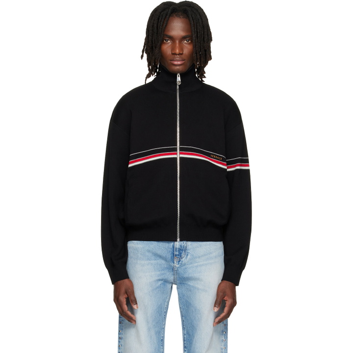 Photo: Versace Black Embroidered-Logo Cotton Knit Zip Cardigan