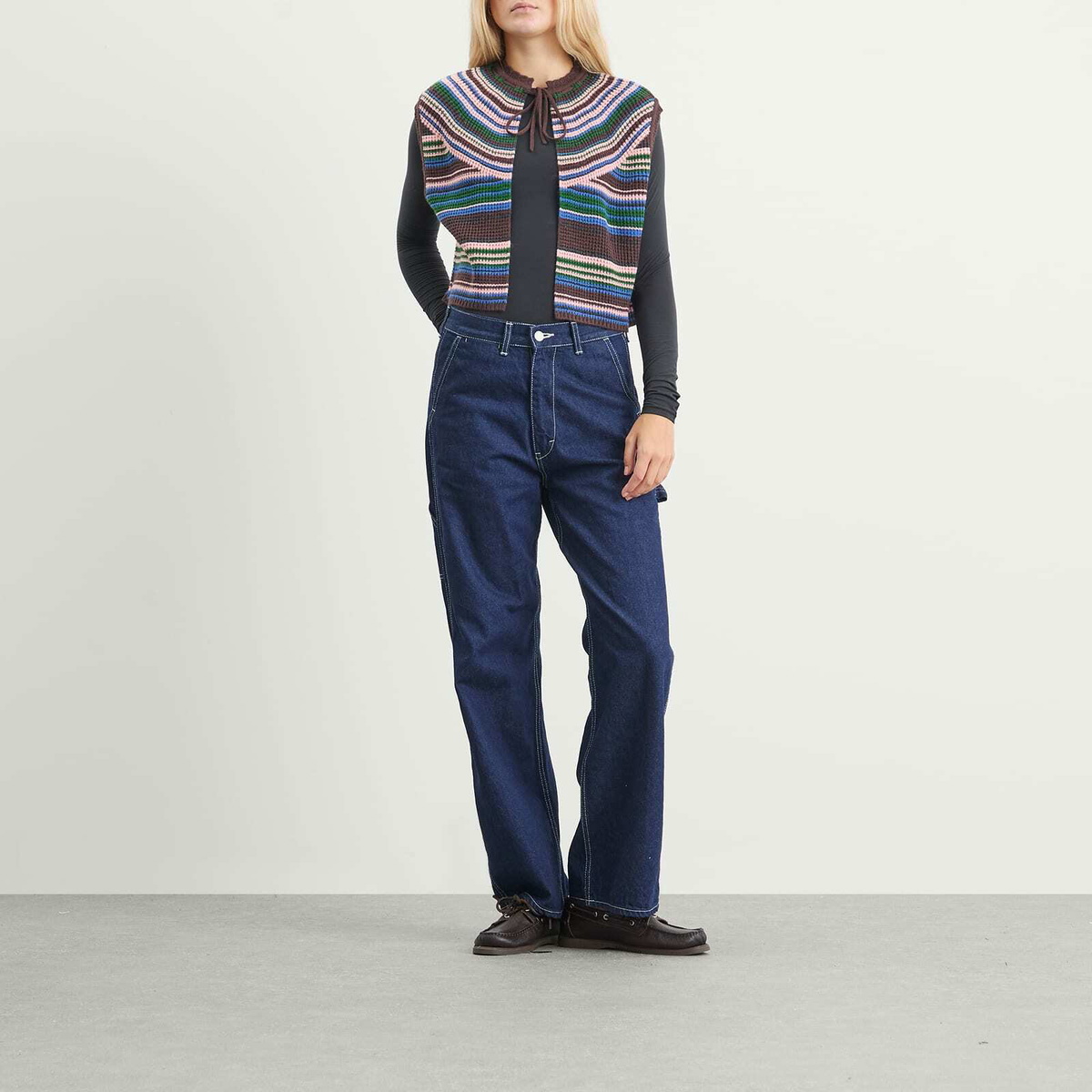 Beams Boy Women's Multi Stripe Knit Vest in Brown 