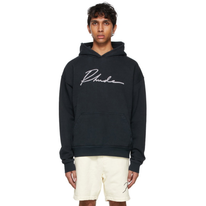 Photo: Rhude SSENSE Exclusive Black Logo Cursive Hoodie