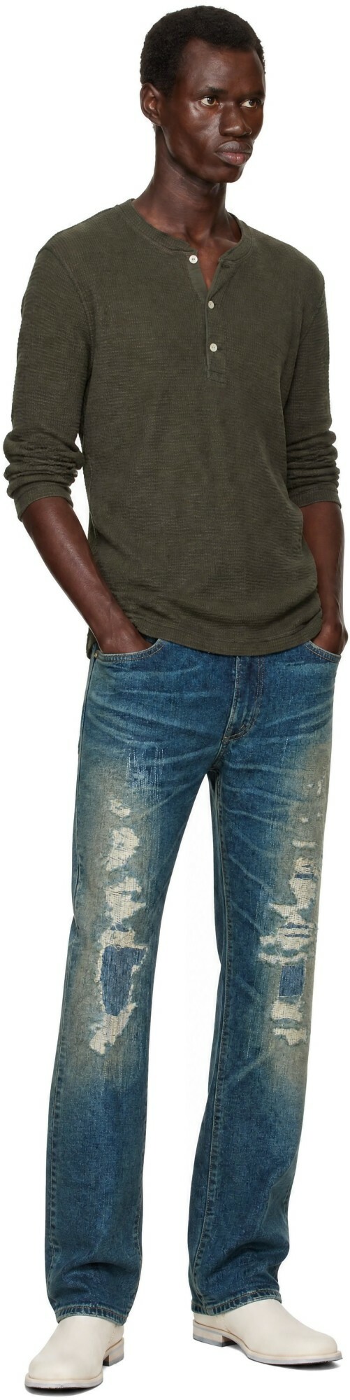 RRL Taupe Waffle-Knit Henley