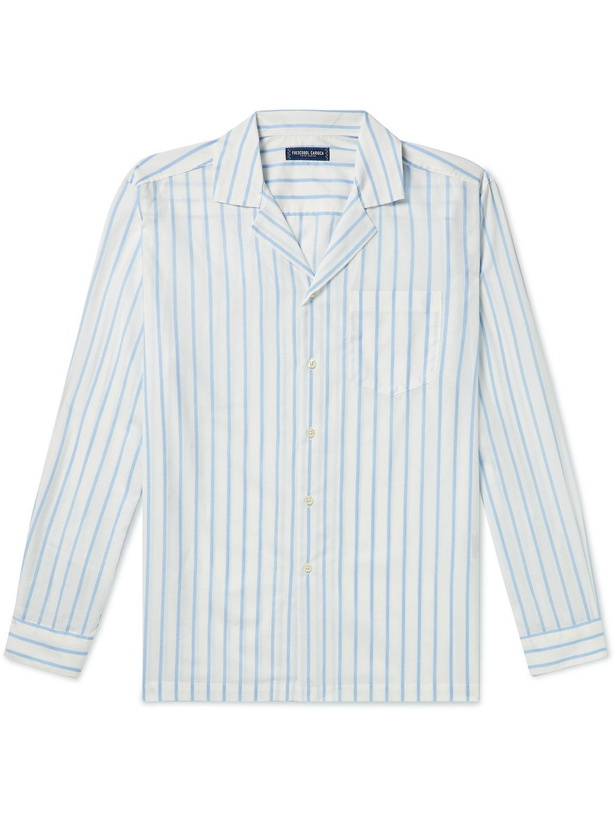 Photo: Frescobol Carioca - Felix Camp-Collar Striped Cotton and Silk-Blend Shirt - Blue