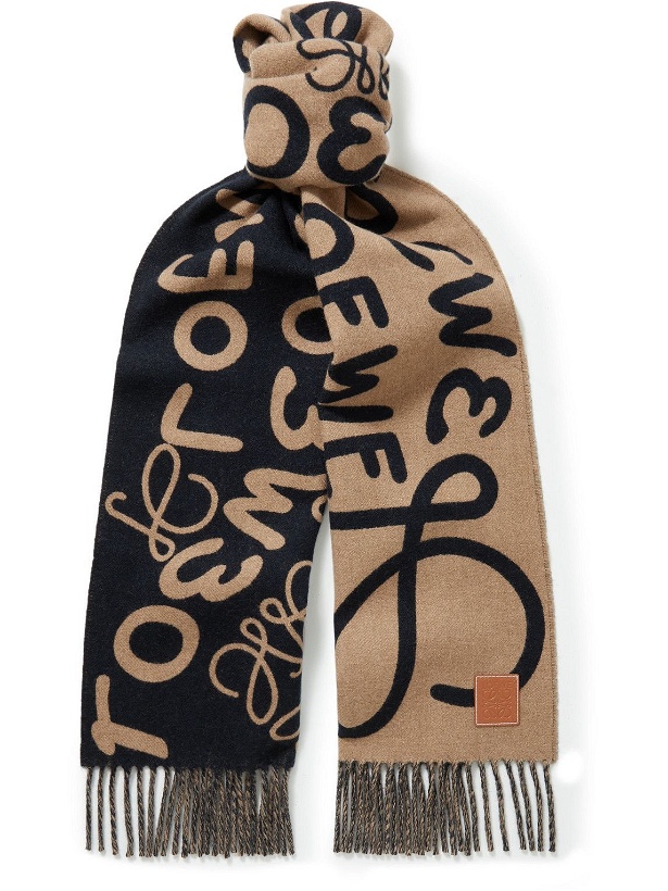 Photo: Loewe - Leather-Trimmed Fringed Wool and Cashmere-Blend Jacquard Scarf