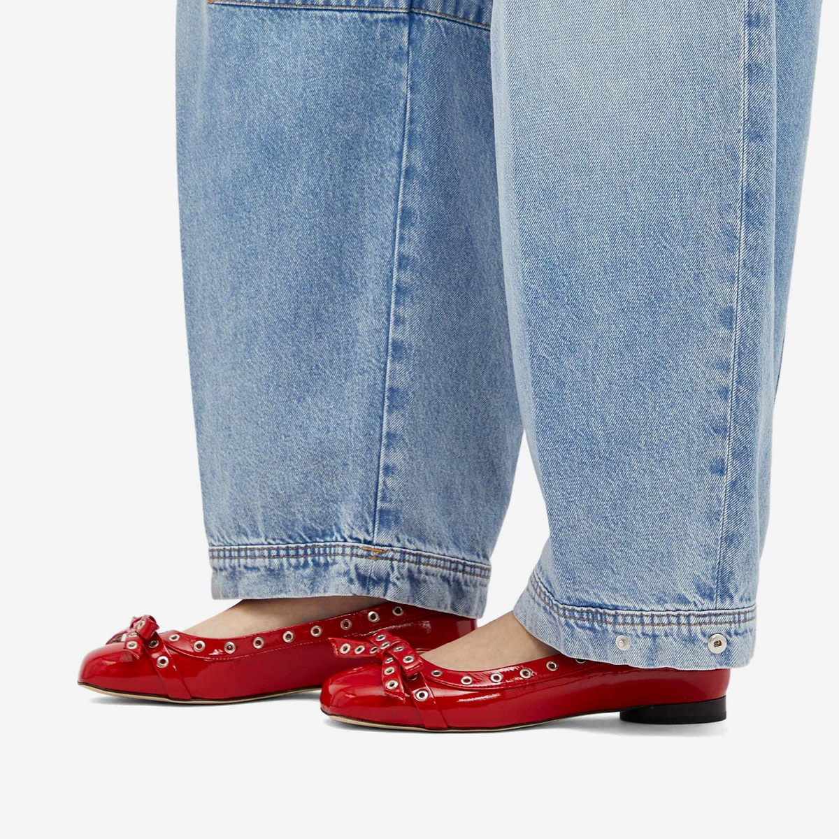Ganni■Eyelets Bow Ballerina Naplack - Red GANNI Women's Eyelets Bow Ballerina Naplack in Racing Red GANNI