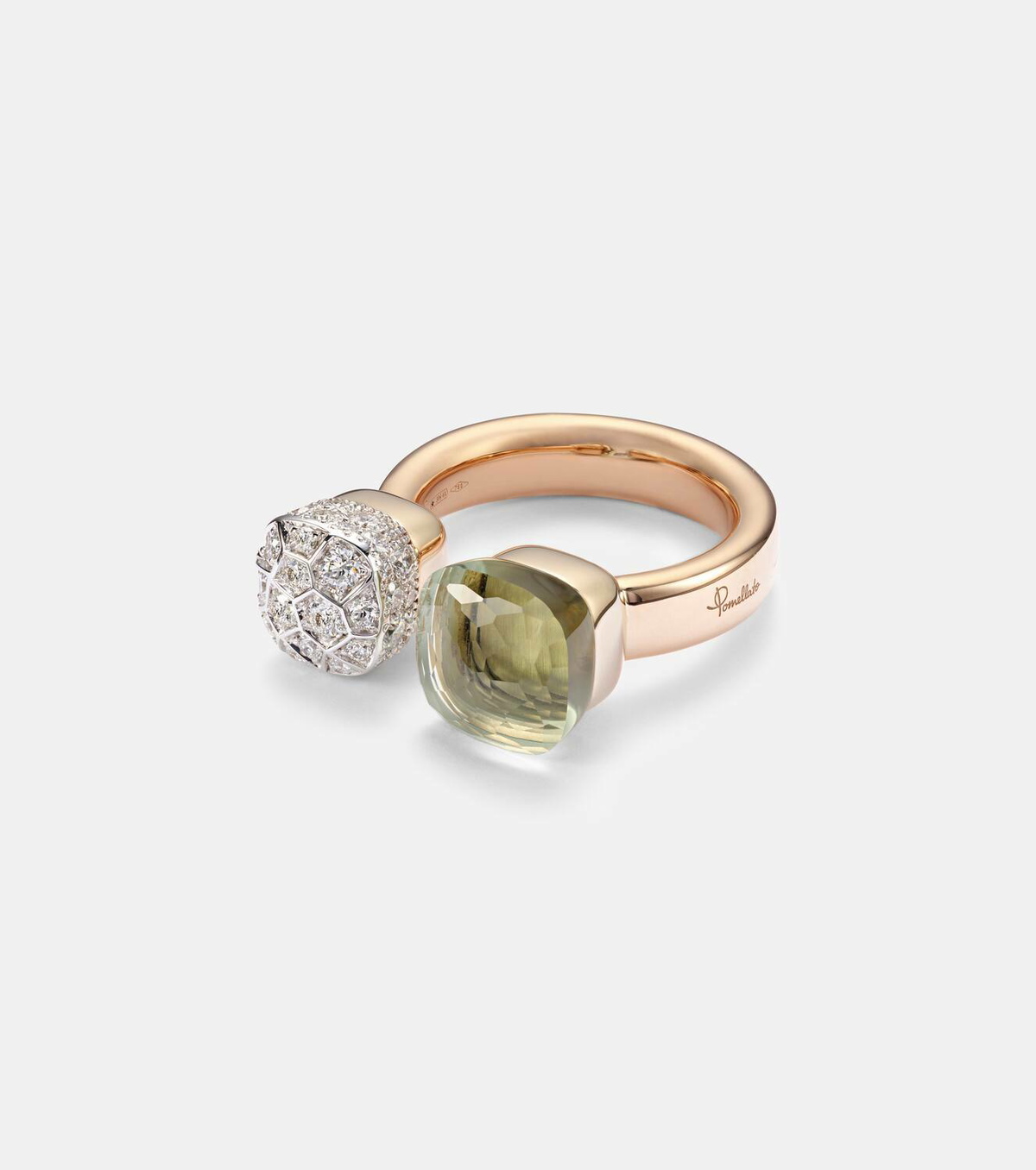 Pomellato Nudo 18kt rose and white gold ring with diamonds and prasiolite