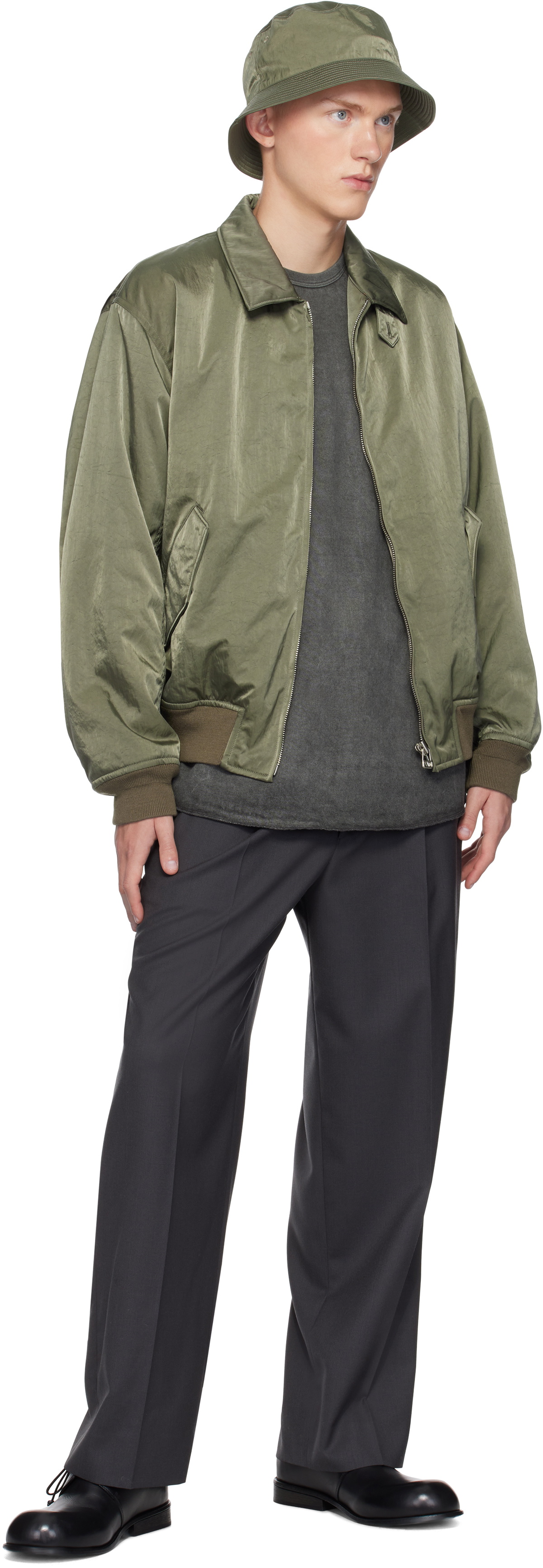 YLÈVE Khaki Nylon Twill Bomber Jacket