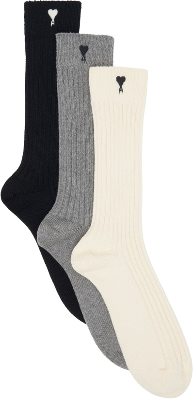 Photo: AMI Paris Three-Pack Multicolor Ami De Coeur Socks