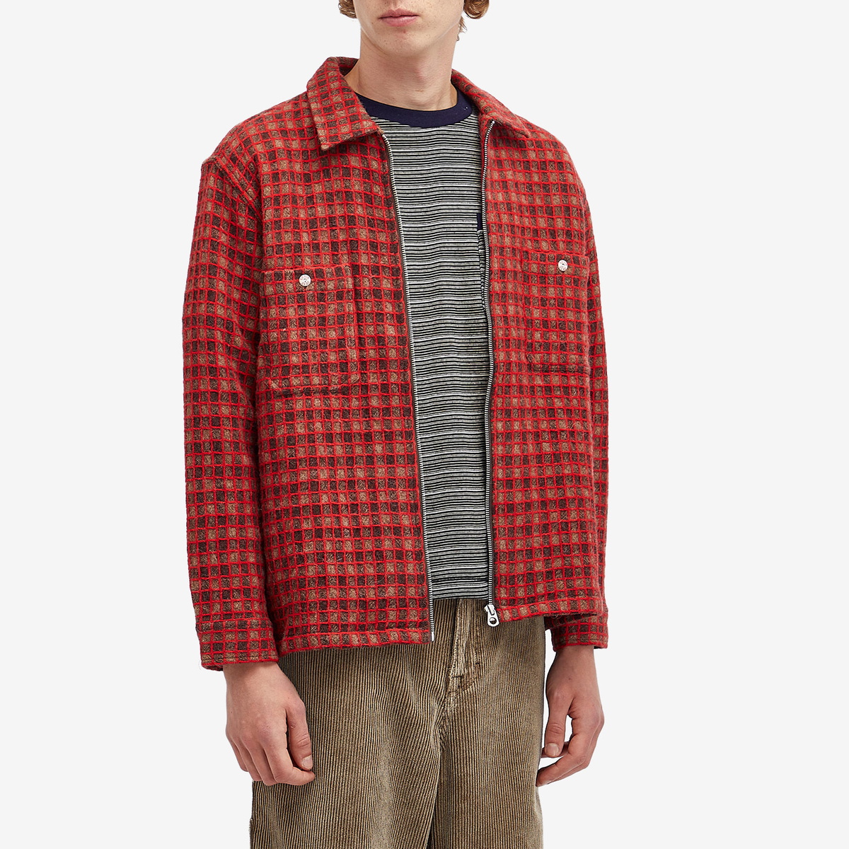 Brain Dead Men's Check Mate Flannel Zip Overshirt in Brown Brain Dead