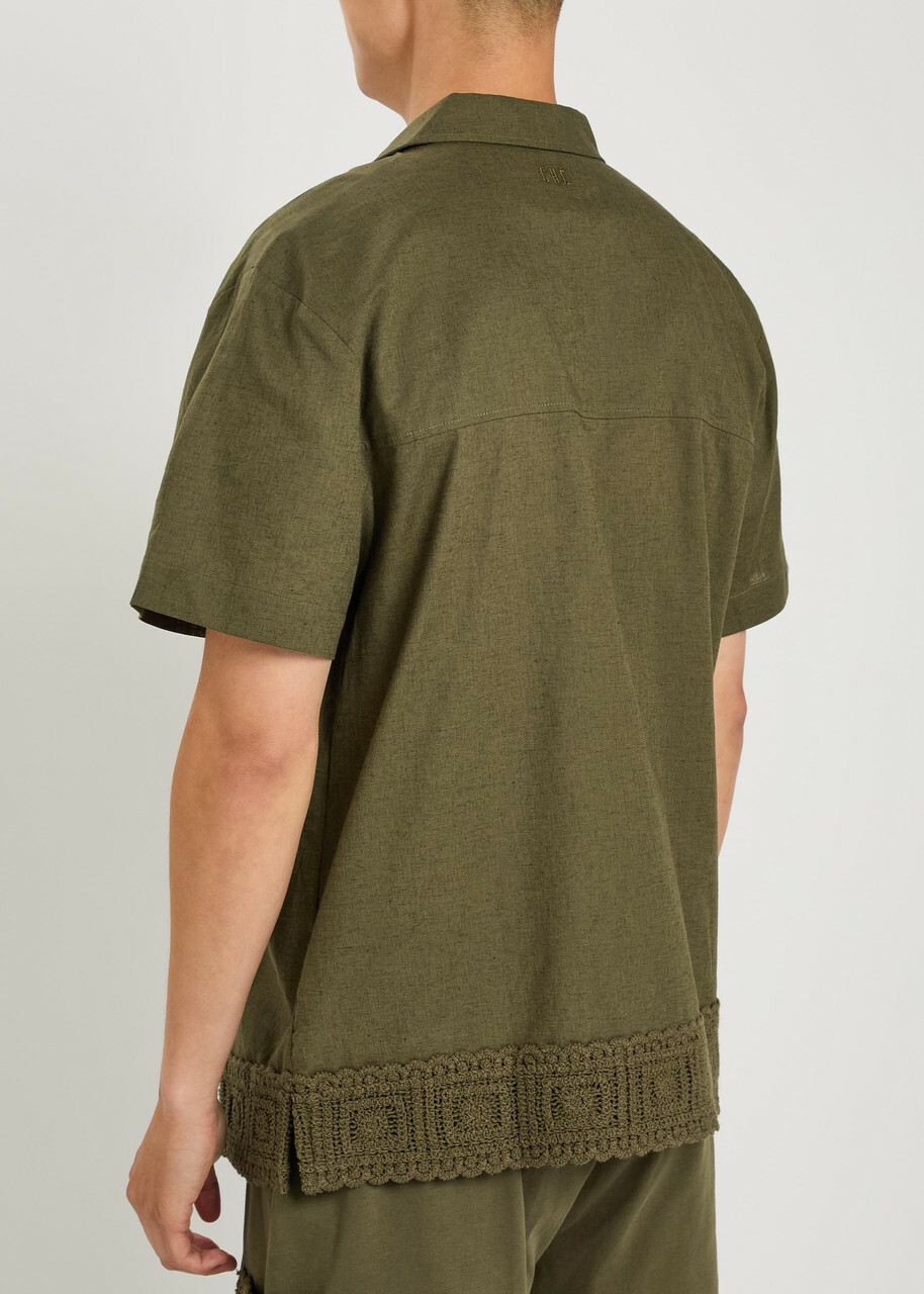 Che Inigo Crochet-trim Cotton and Linen-blend Shirt Dark Green