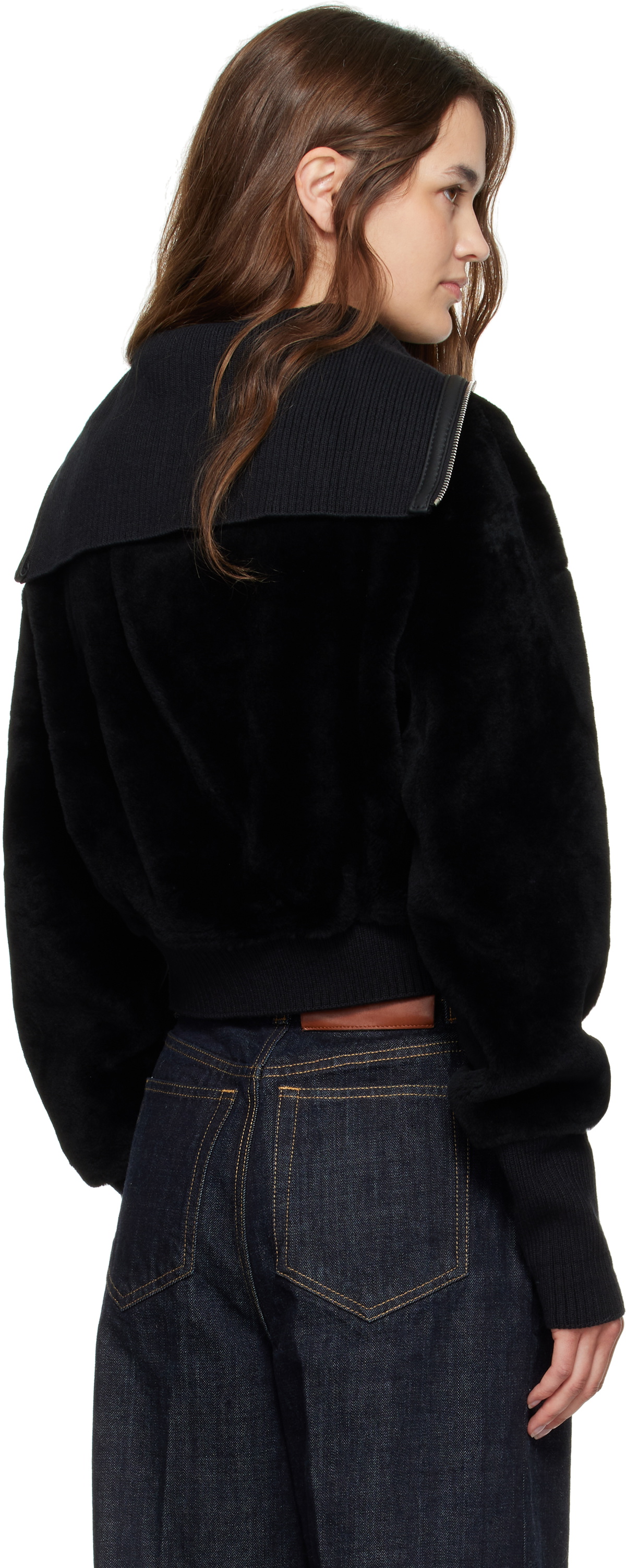 Victoria Beckham Black Zip Shearling Bomber Jacket