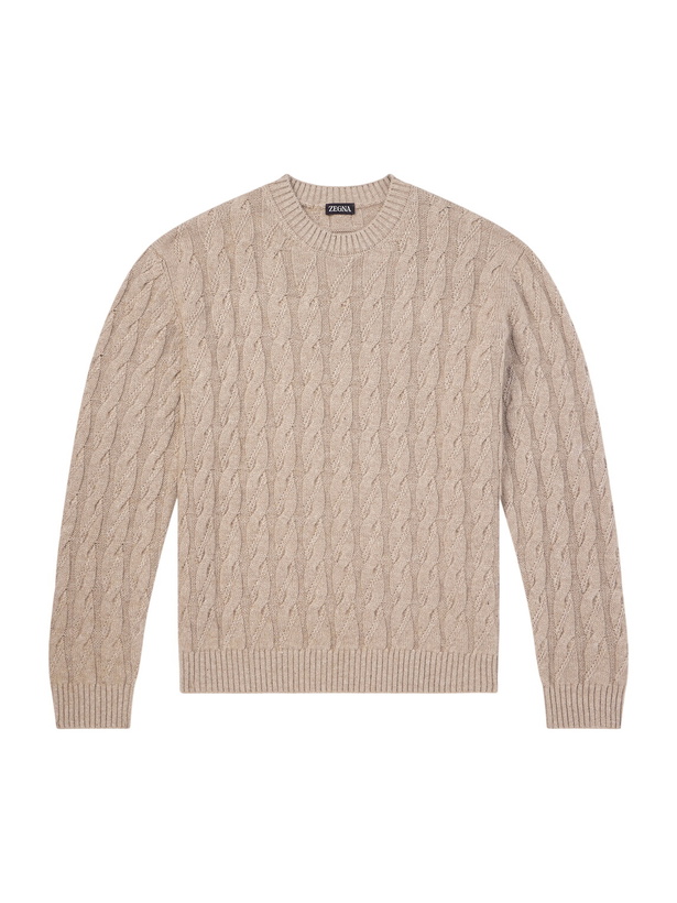 Photo: Zegna - Cable-Knit Linen, Cashmere and Silk-Blend Sweater - Neutrals