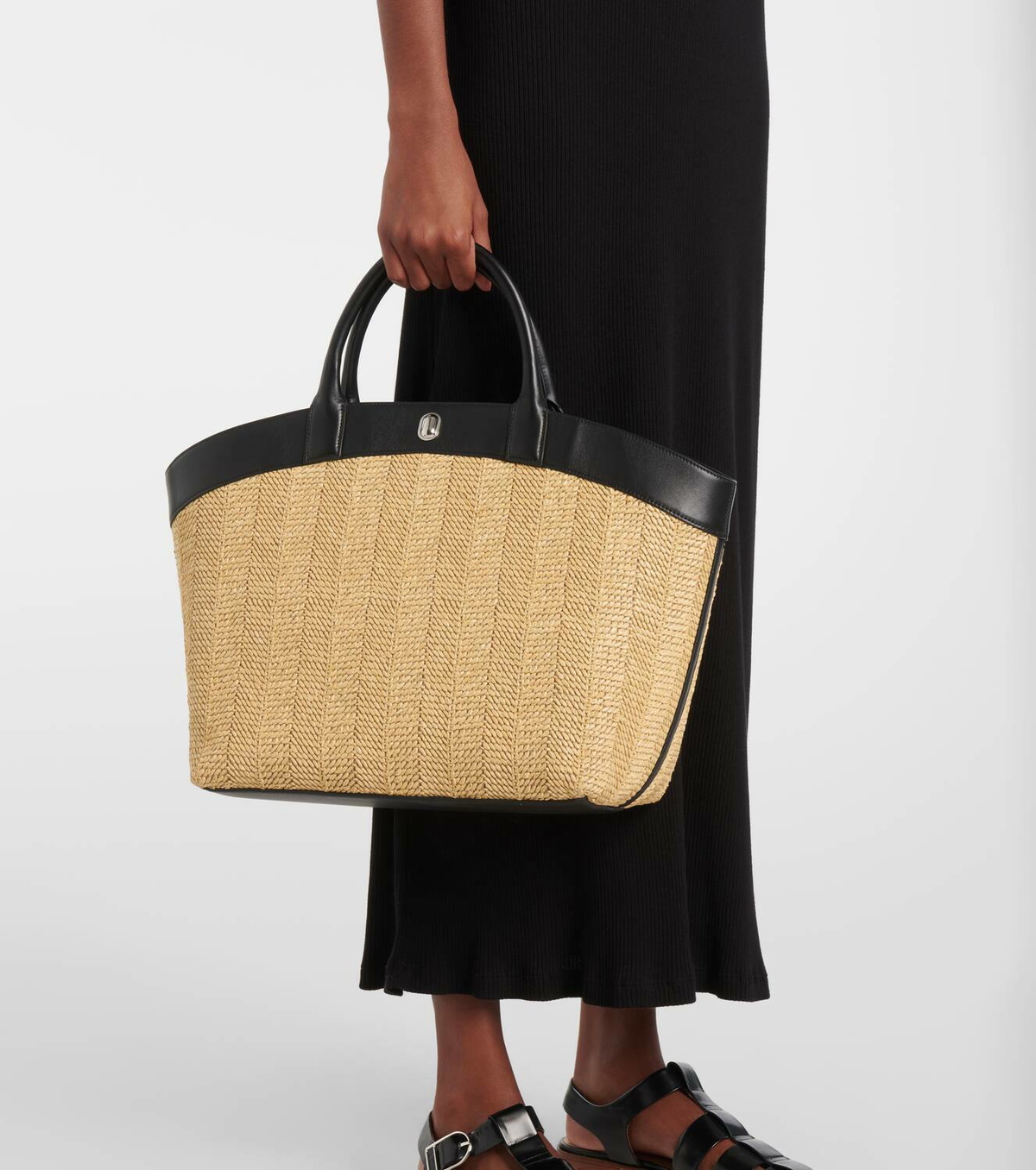 Savette Tondo Large leather-trimmed raffia tote bag