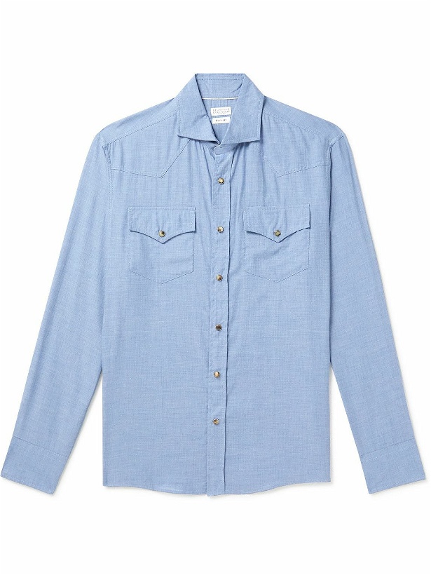 Photo: Brunello Cucinelli - Cutaway-Collar Cotton-Chambray Western Shirt - Blue