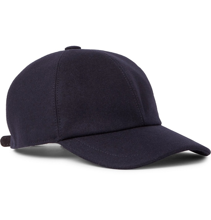 Photo: Brunello Cucinelli - Embroidered Leather-Trimmed Wool-Flannel Baseball Cap - Blue