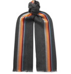 Paul Smith - Fringed Striped Herringbone Virgin Wool and Silk-Blend Scarf - Black