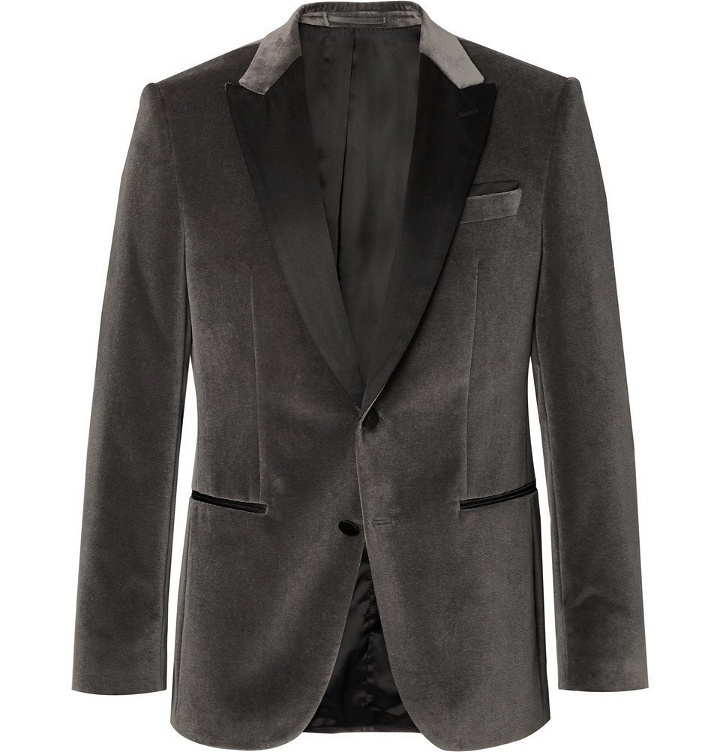 Photo: Hugo Boss - Anthracite Helward Slim-Fit Satin-Trimmed Cotton-Velvet Tuxedo Jacket - Men - Gray
