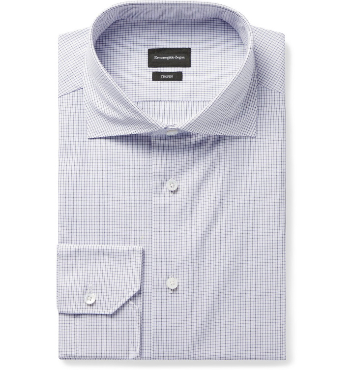 Photo: ERMENEGILDO ZEGNA - Cutaway-Collar Micro-Checked Cotton Shirt - Blue