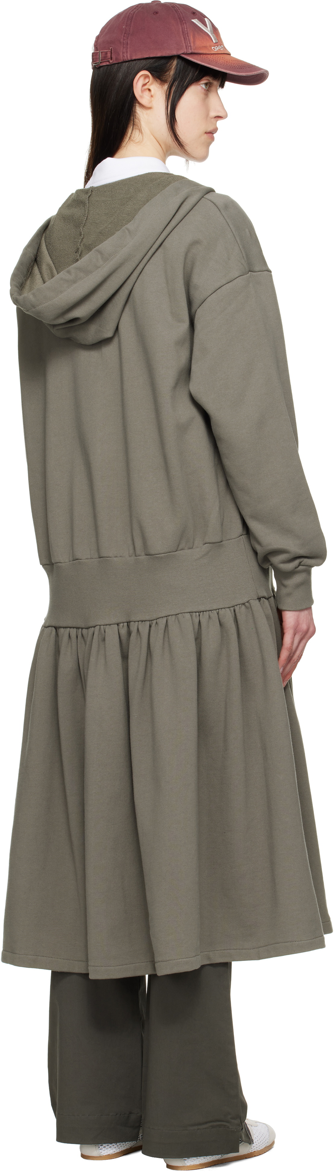 OPEN YY Gray Jersey Shirring Hoodie Midi Dress