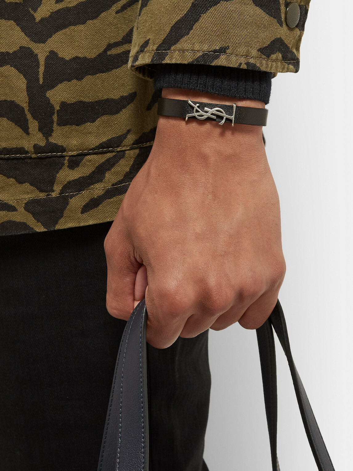 SAINT LAURENT - Logo-Detailed Burnished Silver-Tone and Leather Bracelet - Black
